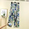 Pantalones de pierna ancha de algodón y seda para mujer, estilo vacacional, elegantes, rectos, holgados, adelgazantes, nuevos pantalones casuales florales de cintura elástica de verano
