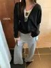 Suéter de Punto con Capucha y Cuello en V de Manga Larga, Patchwork Casual Estilo Coreano, Falso Dos Piezas, Té Verde Limón 2026 Otoño Temprano, Nuevo para Mujer