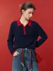 Suéter de punto trenzado con bloques de color retro y cuello polo para mujer, adecuado para primavera y otoño, ropa de Año Nuevo, top suave y acogedor de manga larga