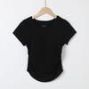 Camiseta de Manga Curta Feminina de Verão com Meia Manga Curva e Bojo no Peito, Top Pregueado Slim Fit de Gola Redonda, Cor Sólida, Base de Roupa Íntima sem Atrito