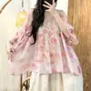 Blusa Estampada de Verão Fina para Mulheres Plus Size, Redutora de Idade, Gola V, Manga Flare, Emagrecimento, Redutora de Idade, Esconde Barriga, Estilo Boneca