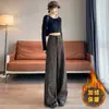 Foto real #Senso de design americano calça de lã com estampa de leopardo feminina com veludo extra inverno novo cintura alta justa reta perna larga