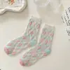 Calcetines de Verano para Mujer Cass Flor de Tulipan Calcetines de Malla Transpirables Frescos de Longitud Media Algodón Estilo Japonés ins Moda