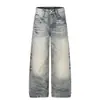 G60012 Rua Principal Estilo Americano Unissex Tendência Lavado Padrão Bigode de Gato Raio Jeans Largo Solto Masculino