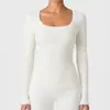 Camiseta de manga larga cepillada para mujer para otoño, hombro normal, versátil, corte ajustado, cuello en U, top deportivo de fitness adelgazante, secado rápido