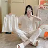 2025 Novo Cardigan Nuvens Algodão Primavera e Outono Pijama Feminino Manga Curta Calça Terno de Pijama Três Peças Roupa de Casa