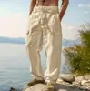 Nuevos Pantalones Anchos Casuales de Moda Transpirables Finos de Algodón y Lino para Hombre, Multi-Bolsillos, Sueltos, para Cuatro Estaciones, Ropa de Trabajo
