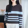 Suéter de punto cálido para mujer, de ajuste holgado, a rayas, cuello redondo, 100% algodón, con colores contrastantes, adelgazante, de manga larga, nueva colección de punto para otoño e invierno
