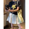 Mochie Moda Estilo Blogger Retro Americano Estampado de Durazno con Pedrería Cuello Redondo Casual Manga Corta Camiseta MQ1269