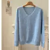 Camiseta de punto de lana de cachemir para mujer en otoño e invierno, pelo largo cepillado, suave, cerosa, cálida, versátil, cuello en V/cuello redondo, suéter de colores