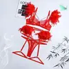 INS Europa y América Más Vendido Lencería Pluma Conjunto de Cuatro Piezas Encaje Empalmado Cadena Sexy Adelgazante Lencería
