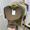 Camiseta de Manga Corta Ajustada Versátil de Color Sólido con Cuello Redondo de Punto Elástico para Mujer Talla Grande Moda para Mujer