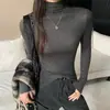 Camiseta Lyocell K6308 de gola alta parcial, manga longa, para mulheres, outono e inverno, corte justo, modeladora, top base com base de gola franzida