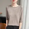 Blusa de tricô fina de gola redonda com mangas médias para primavera-verão, de primeira linha, pronta para usar, com corte raglã solto e mangas curtas, para mulheres