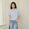Camisa cropped de manga corta fruncida con cordón en el dobladillo para mujer, otoño 2026, estilo para ir al trabajo, top holgado azul claro que estiliza