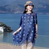 Xale floral de rayon de estilo étnico feminino, cachecol artístico de algodão e linho tingido de azul, casaco feminino multifuncional com protetor solar quente
