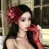 Pinza para el Cabello de Malla Roja con Flor para Mujer Accesorios Elegantes para el Cabello de Dama Flor para el Cabello de Novia Qipao Accesorios para el Cabello de Disfraz
