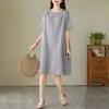 Vestido Corto de Manga Corta Fino de Algodón Lino Fresco Verano 2026 Mujer Sencillo Color Sólido Holgado Talla Grande Oculta Barriga Cuello Redondo Falda de Longitud Media