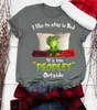 Camiseta de manga curta de Natal 2023 com estampa de monstro de pelo verde europeu e americano, desejo de monstro de pelo verde