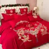 Juego de Cuatro Piezas Bordado de Alta Gama para Boda, Funda de Edredón de Algodón Puro Estilo Chino, Ropa de Cama Festiva para Bodas para Recién Casados