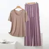 Pijama de Modal para Mujer, Estilo Veraniego Delgado, Tallas Grandes, Manga Corta, Pantalón Largo, Pantalón Casual Holgado de Pierna Ancha, Conjunto para Estar en Casa, Se Puede Usar Afuera