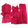 Pijama Feminino de Verão Fino Seda Gelada Renda Sexy Alça Longa Camisola Conjunto de Quatro Peças Roupas Caseiras Femininas com Bojo