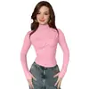 Camiseta de manga larga de color liso, ajustada, plisada, de cuello alto, para mujer, estilo europeo y americano, moda nueva Otoño/Invierno 2024