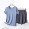 Camiseta de Manga Curta com Gola Redonda de Modal Cor Combinando Calça com Bolso de Aba Verão Fina Tamanho Grande Casual Solta Conjunto de Duas Peças Shorts