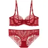 Ropa Interior Roja Sexy de Encaje Puro Deseo Conjunto de Sujetador de Boda para Busto Grande Minimizador de Panties Conjunto de Sujetador Rojo Delgado para Mujer