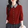 Nuevo cárdigan de punto para otoño e invierno para mujer con cuello de camisa, solapa pequeña, botones de color bloqueado, suéter de cuello redondo, chaqueta, top para mujer