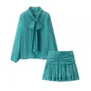 Conjunto Feminino de Duas Peças Moda Verão Fino Laço Cadarço Manga Longa Pulôver Camisa Solta Minissaia Plissada