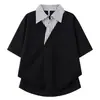Camisa Polo Listrada Retro Americana de Verão Falsa Duas Peças de Manga Curta para Homens e Mulheres, Top Solto da Moda Tendência de Marca para Casais
