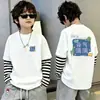 Camiseta de Manga Larga con Parches Rayados para Niños, Falsa Dos Piezas, Capa Base de Algodón Puro, Primavera Otoño 2026 Nuevas Llegadas, Ropa para Niños Medianos y Grandes