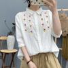 Cardigan Feminino de Verão 2025 Estilo Japonês Listras Verticais Bordado Étnico Fio Duplo Manga Curta Camisa Top