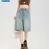 Jeans Retro de Cinco Bolsillos de Cintura Alta para Mujer Verano Delgados Sueltos Adelgazantes de Línea A Pierna Ancha Pantalones de Longitud Media