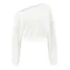 Moletom com Gola Assimétrica Off-the-Shoulder de Manga Longa em Tricô Waffle Estilo Europeu 2026 Início do Outono Solto Casual Cropped com Cintura Elástica Camiseta