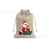 Venda Direta de Fábrica Sacos de Presente de Juta de Natal em Estoque com Padrões de Desenho Animado, Sacos de Presente de Linho com Cordão, Sacos de Cordão de Natal