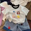 Camiseta de Manga Corta con Estampado de Dibujos Animados para Niños con Estampado de Perro, Nuevo Estilo de Verano, Algodón Puro, Colores Contrastantes, Elegante y Versátil, Cuello Redondo, Top Lindo
