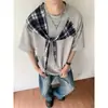 Marca Tendência Retro Americana Xadrez Xale Laço Camiseta de Manga Curta para Homens e Mulheres, Design de Verão, Top Soltinho de Meia Manga