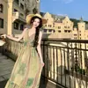 Saia Adequada para Viagens e Tirar Fotos, Vestido Salopete Verde Estampado para Mulheres no Verão, Estilo Boêmio para Férias na Praia, Ajuste na Cintura