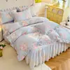 Estilo Princesa Coreana Borde de Encaje Algodón Puro Faldón de Cama Juego de Tres Piezas ins Nude Dormir Color Sólido Colcha de Algodón Antideslizante Sábana de Cama Clase A