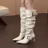 Botas de Caballero Chuyuji de Punta Fina con Tacón Alto y Hebilla, Botas de Plataforma Fruncidas Vintage Hot Girl, Botas Largas Adelgazantes y Elegantes para Mujer