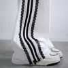 Pantalones de Mujer con Raya Vertical y Ribete de Encaje Otoño Nuevo Estilo Dulce Deportivos de Pierna Recta de Cintura Alta Holgados Casuales de Pierna Ancha