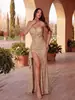 Nuevo vestido de noche elegante sin tirantes color dorado champán con lentejuelas, cintura alta, abertura y cola, adecuado para anfitrionas de banquetes, vestido de sirena