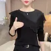 Camiseta de Manga Larga Patchwork de Encaje Versátil de Moda a la Moda Personalizada 2026 Otoño Nuevo Cuello Redondo Holgada Pura