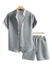 Conjunto de verano de hombre de color liso con cuello gofrado, camisa de manga corta casual y shorts, importado de Amazon Europa y América