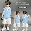 Conjunto de Colete Azul Netuno de Verão para Meninos, Roupa Casual Elegante e Moderna de Duas Peças para Meninos Pequenos