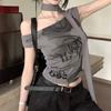 Colete Americano Doce Sexy Estampado com Gola Swing para Mulheres no Verão, Design Plissado Elástico Slim Top Curto sem Mangas