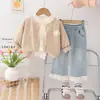 Traje de estilo occidental de manga larga para niñas de primavera y otoño, estilo coreano, nuevo de primavera, calle frita, lazo trasero, conjunto de tres piezas de manga larga a la moda