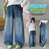 Calças Jeans Retas Novas de Outono para Meninas, Calças de Bolso Elegantes Soltas Emagrecedoras para Meninas Mais Velhas, Calças Longas da Moda para Meninas Mais Velhas